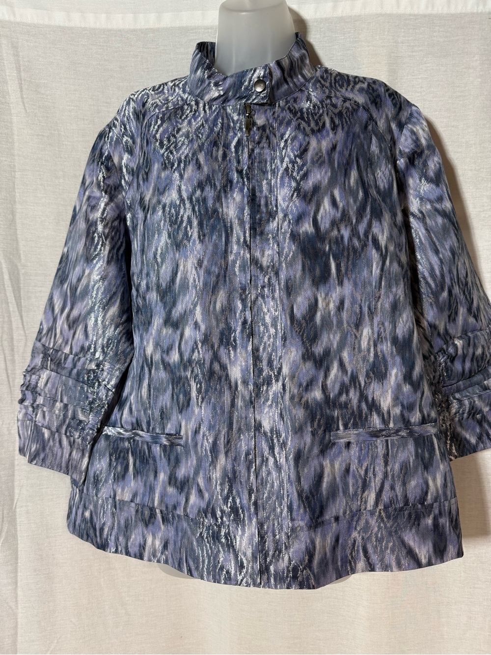 Chico's Blue Patterned Utility Jacket with Stand Collar Size 3/XL